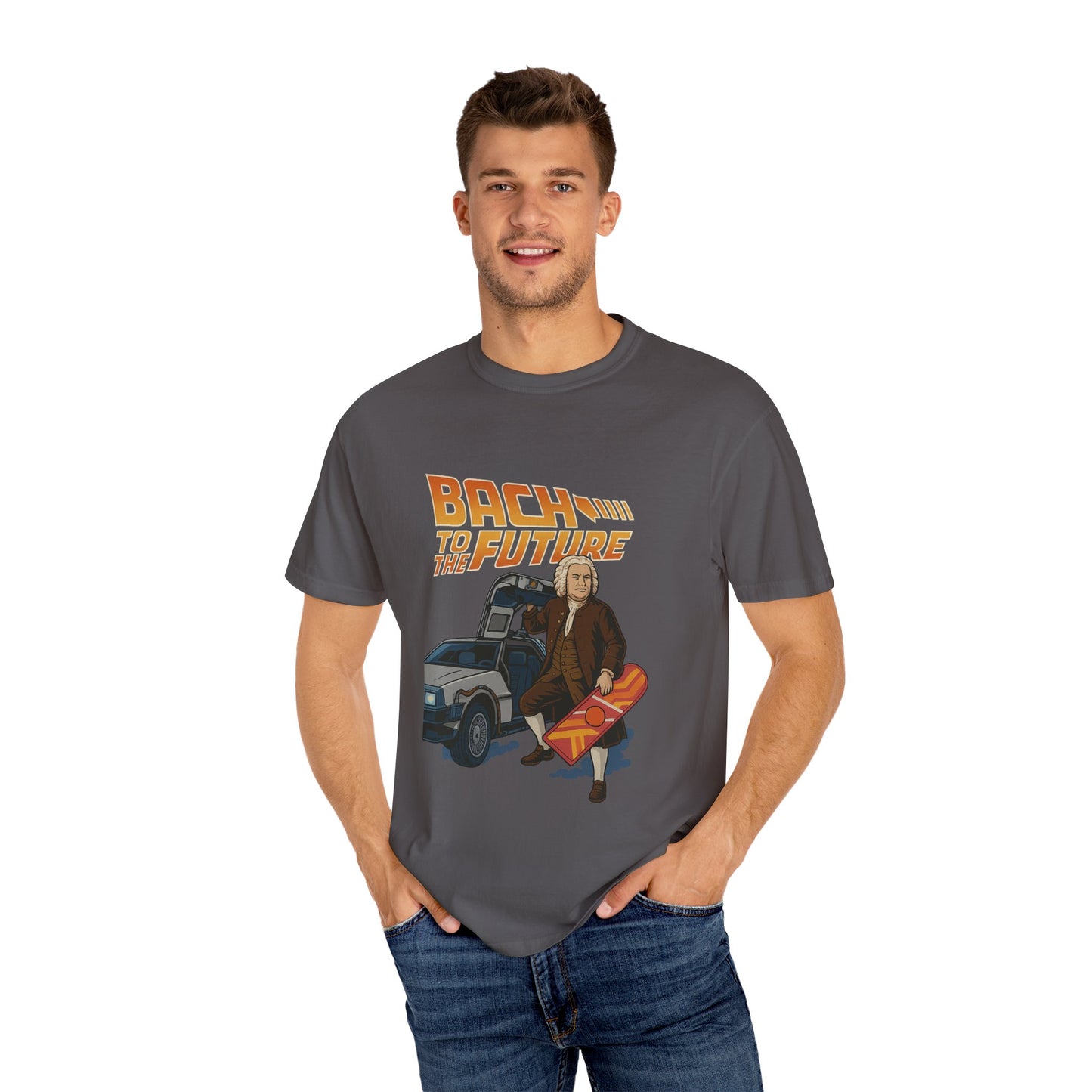 Bach to the Future Unisex T-Shirt – Time-Traveling Composer with DeLorean & Hoverboard