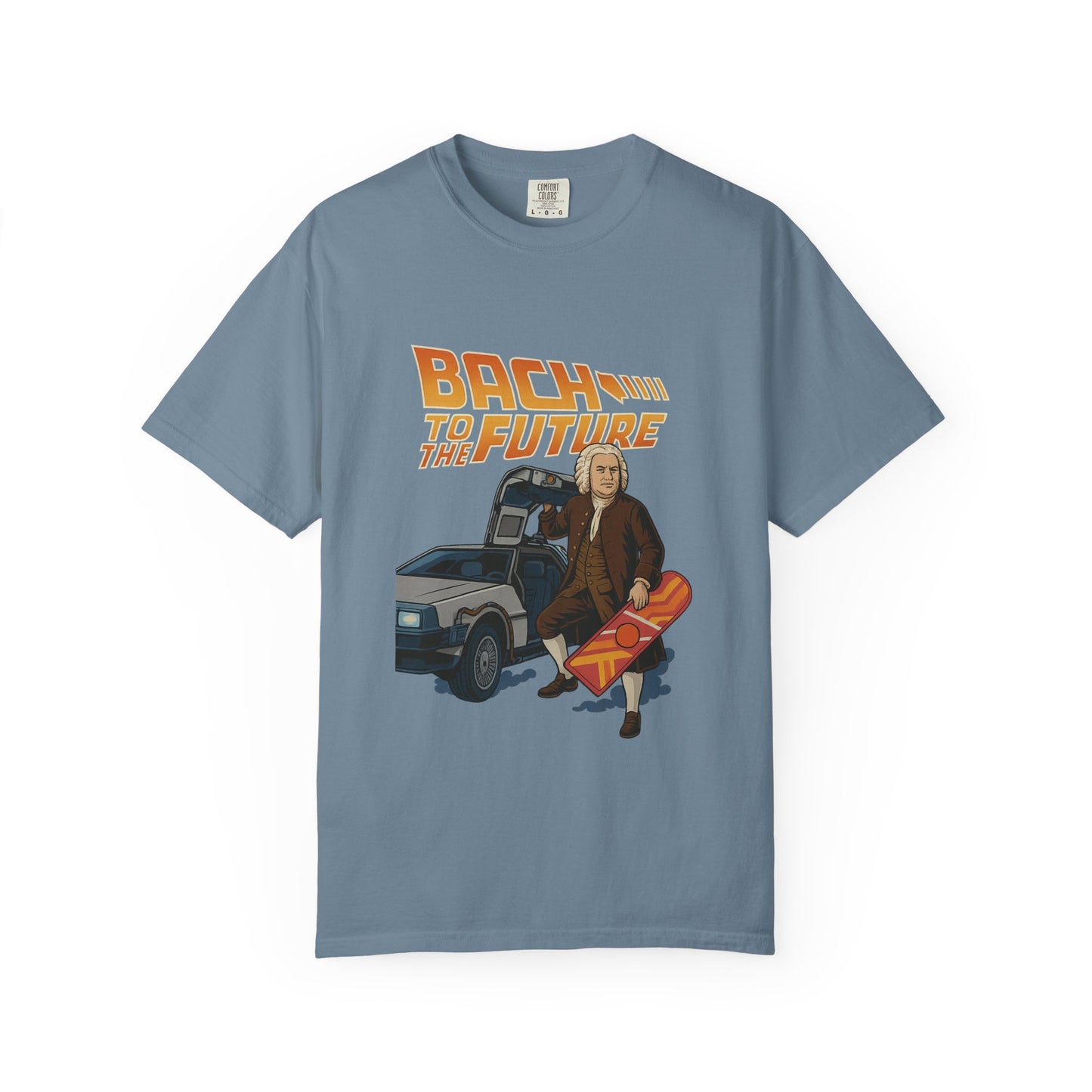 Bach to the Future Unisex T-Shirt – Time-Traveling Composer with DeLorean & Hoverboard