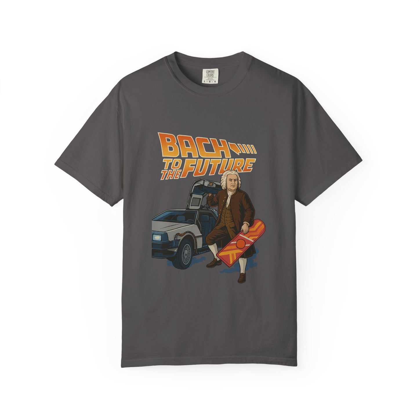 Bach to the Future Unisex T-Shirt – Time-Traveling Composer with DeLorean & Hoverboard