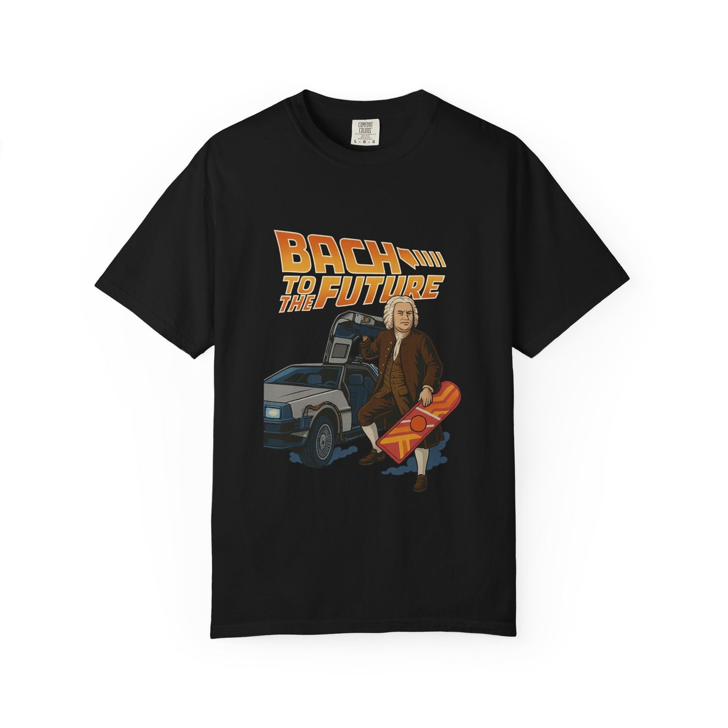 Bach to the Future Unisex T-Shirt – Time-Traveling Composer with DeLorean & Hoverboard