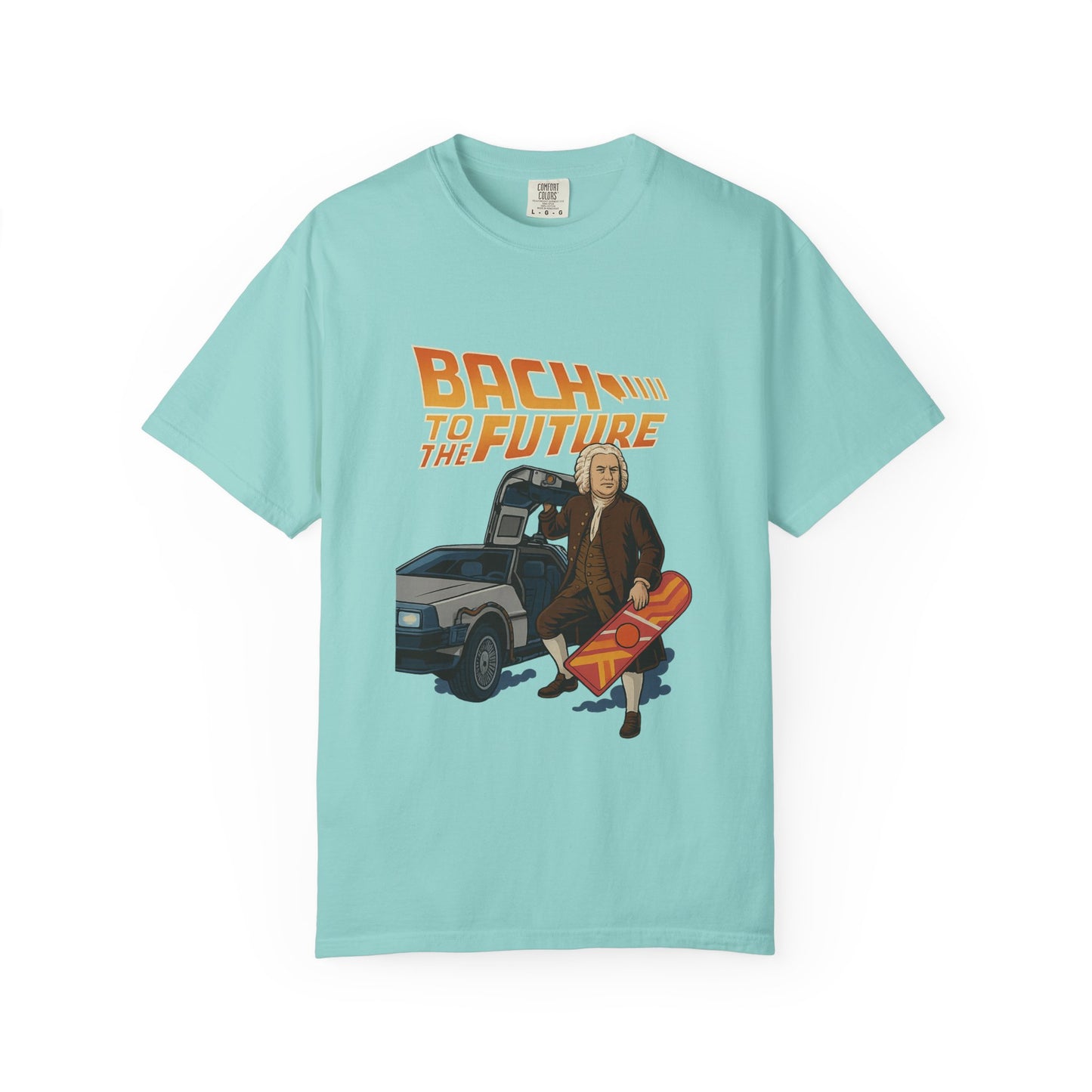 Bach to the Future Unisex T-Shirt – Time-Traveling Composer with DeLorean & Hoverboard