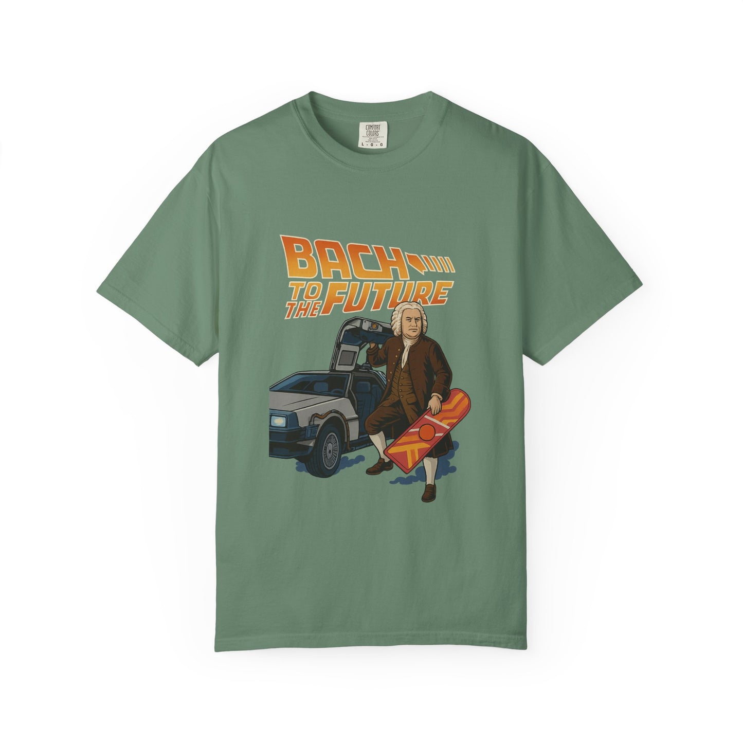 Bach to the Future Unisex T-Shirt – Time-Traveling Composer with DeLorean & Hoverboard