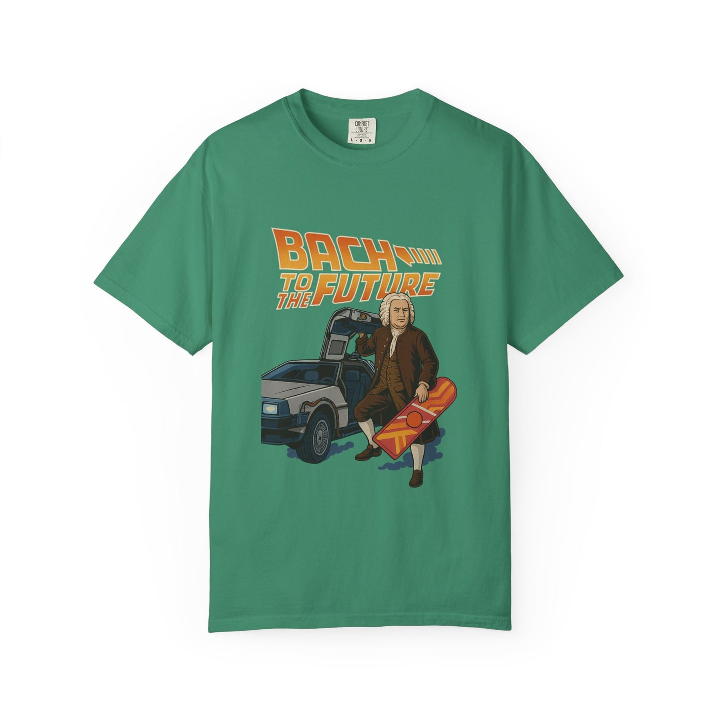 Bach to the Future Unisex T-Shirt – Time-Traveling Composer with DeLorean & Hoverboard