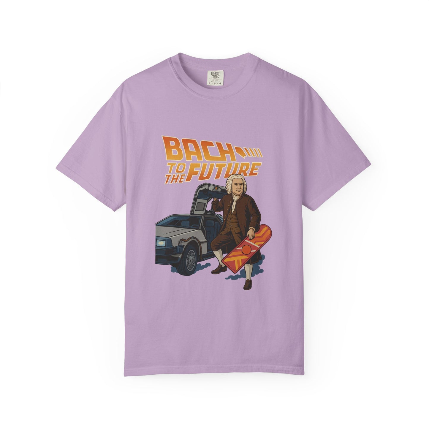 Bach to the Future Unisex T-Shirt – Time-Traveling Composer with DeLorean & Hoverboard