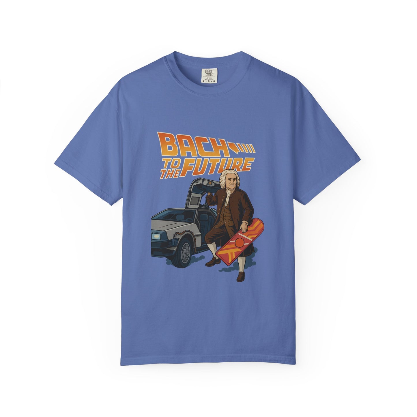 Bach to the Future Unisex T-Shirt – Time-Traveling Composer with DeLorean & Hoverboard