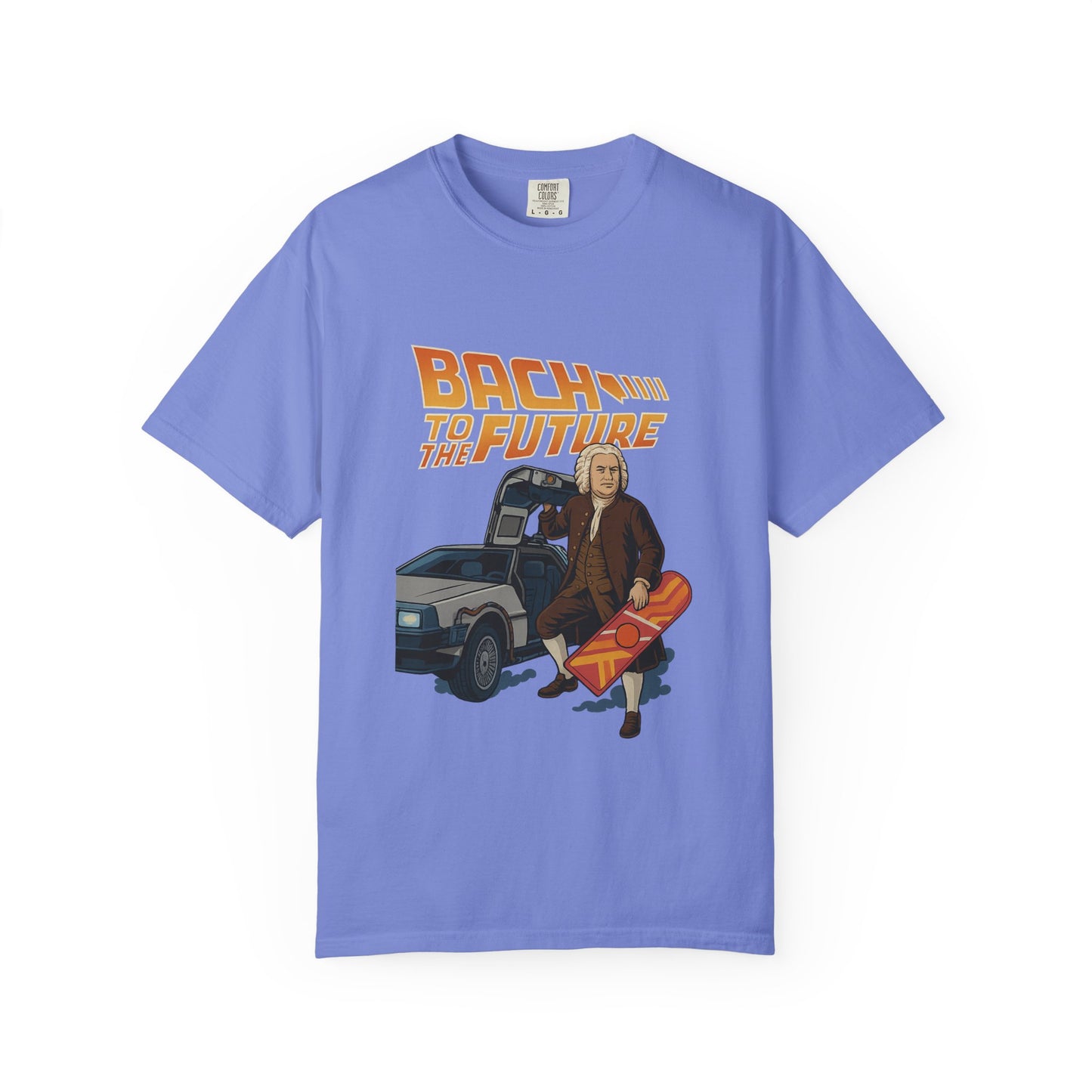 Bach to the Future Unisex T-Shirt – Time-Traveling Composer with DeLorean & Hoverboard