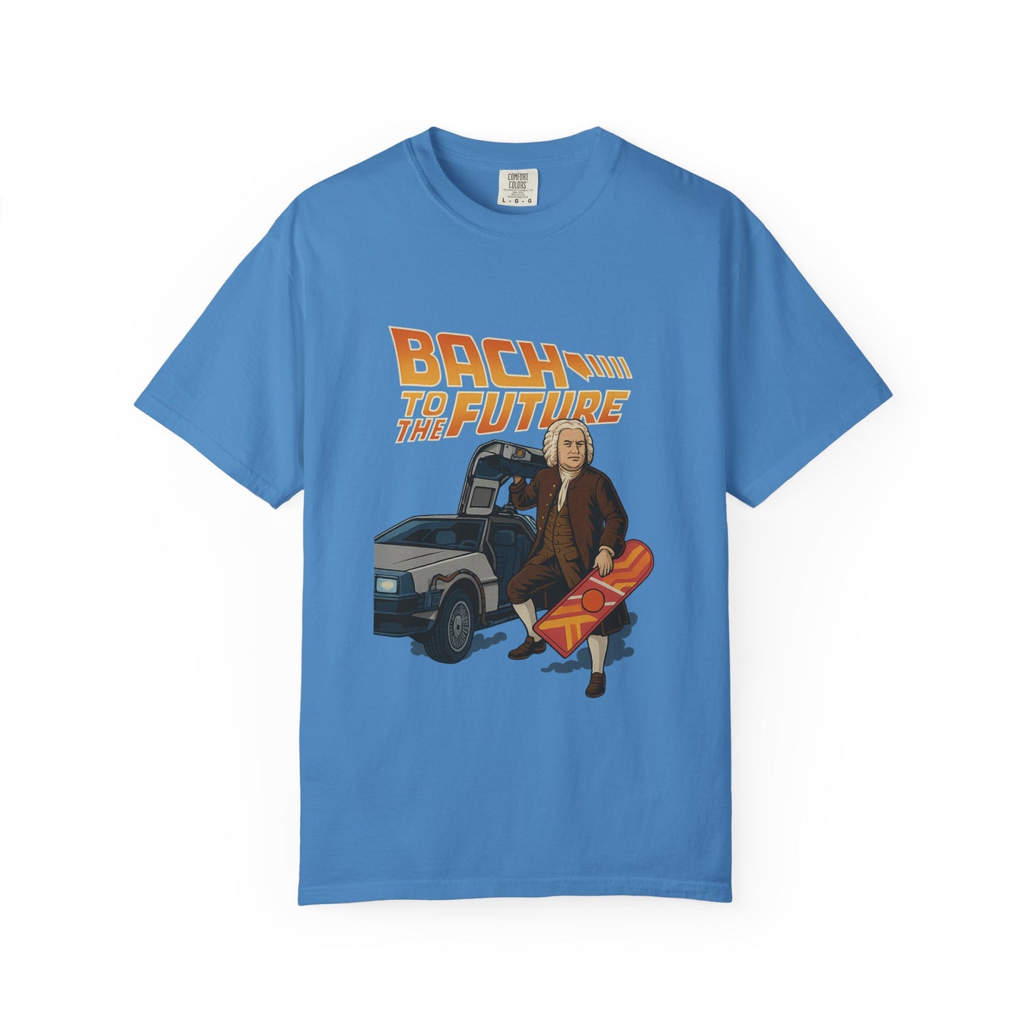 Bach to the Future Unisex T-Shirt – Time-Traveling Composer with DeLorean & Hoverboard