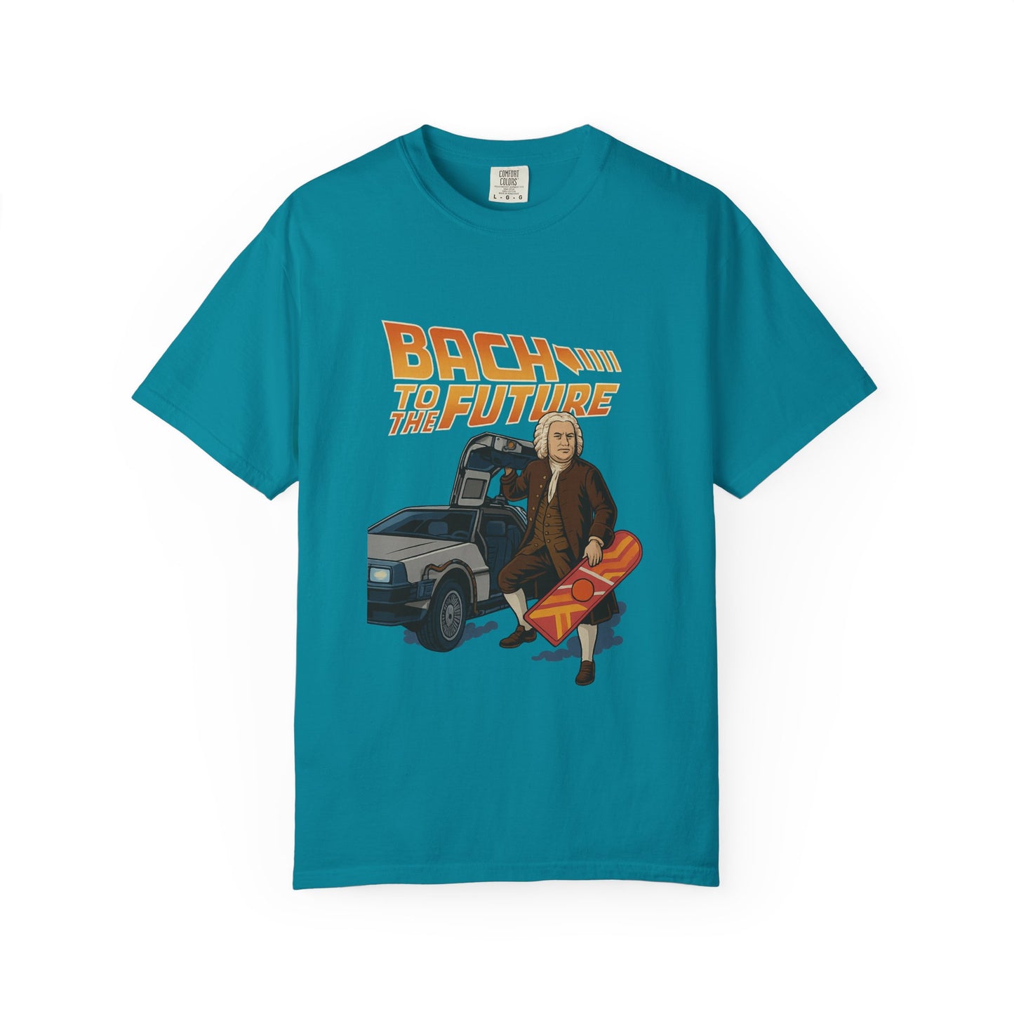 Bach to the Future Unisex T-Shirt – Time-Traveling Composer with DeLorean & Hoverboard