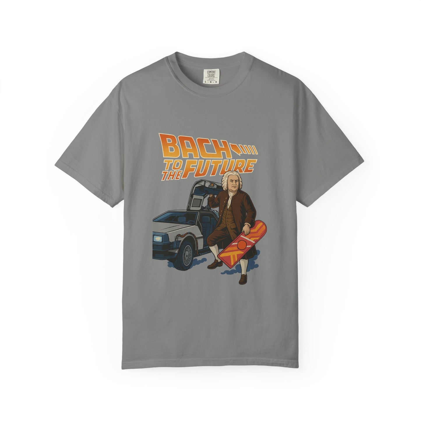 Bach to the Future Unisex T-Shirt – Time-Traveling Composer with DeLorean & Hoverboard